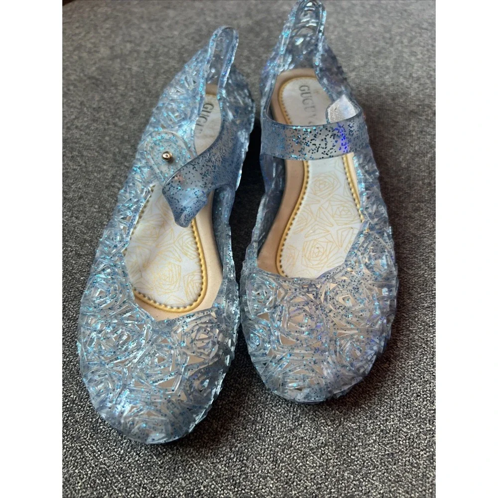 GUGUYeah Jelly Shoes Kids Size 31 Blue Glitter Rose Cutout Mary Jane Flats‎